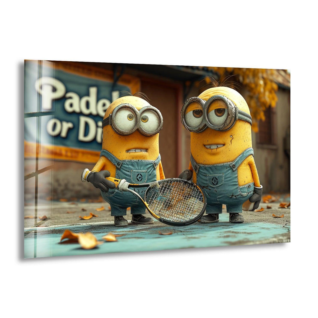 Minions With Racket Glass Wall Art photo print on glass, prints on glass wall art

