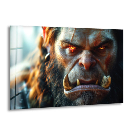 Defined by sharp edges and a glossy border, this orc warrior portrait glass wall art is a stunning piece of home decoration.
