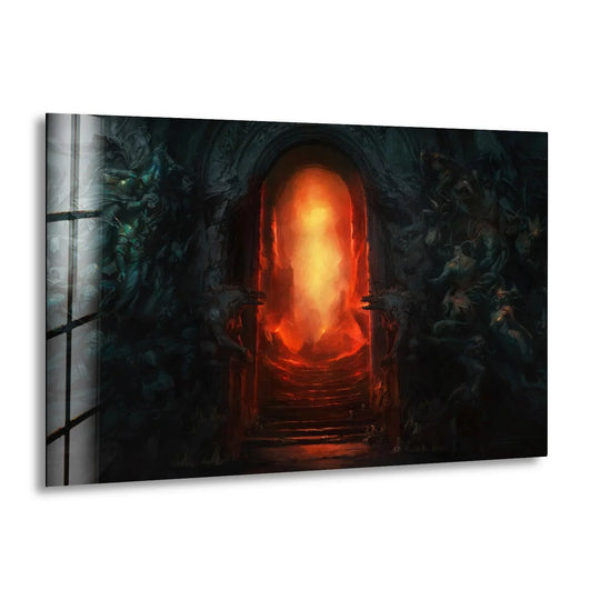 Luminous light and shadow play across the fiery portal in this dark temple glass wall art, creating a dramatic and unique modern wall decor.