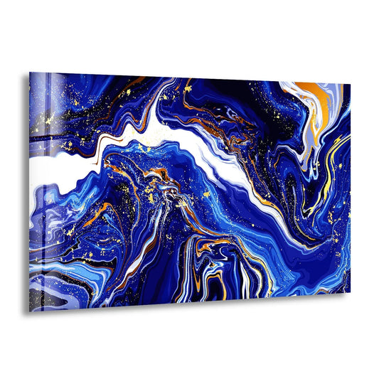 A swirling dark blue and gold marble pattern on unique modern wall decor.