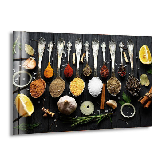 Rustic spoon on spices glass wall art features a horizontal arrangement of colorful spices and lemons on dark wood perfect for kitchen decor.
