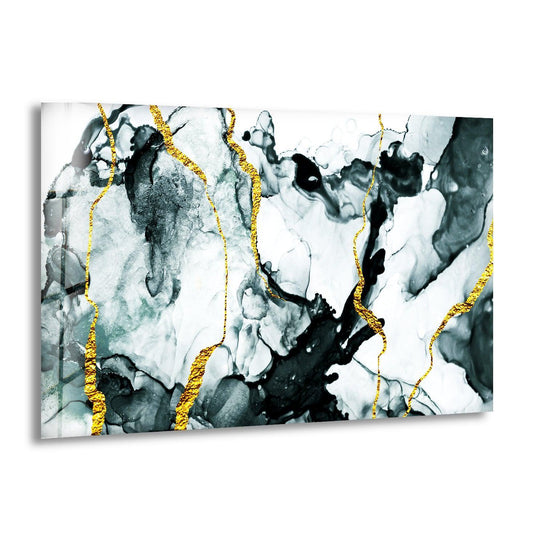 Abstract glass wall art showcases layered grey marble with striking gold veins for elegant home decor.