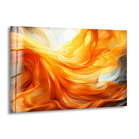Radiant orange abstract glass wall art emanates an uplifting and warm mood, perfect for home decor.