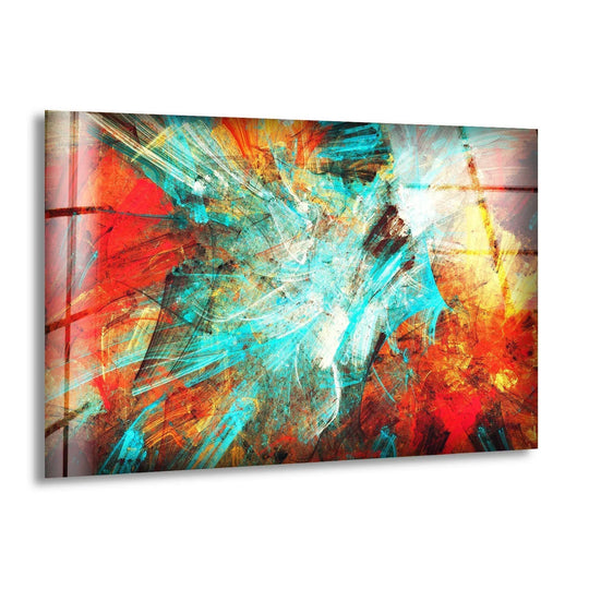 Intensely saturated turquoise, crimson, and golden hues explode in this dynamic abstract glass wall art featuring vivid strokes.