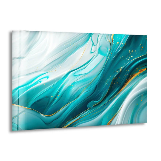 Abstract glass wall art decor features flowing geometric forms in teal, white, and gold.
