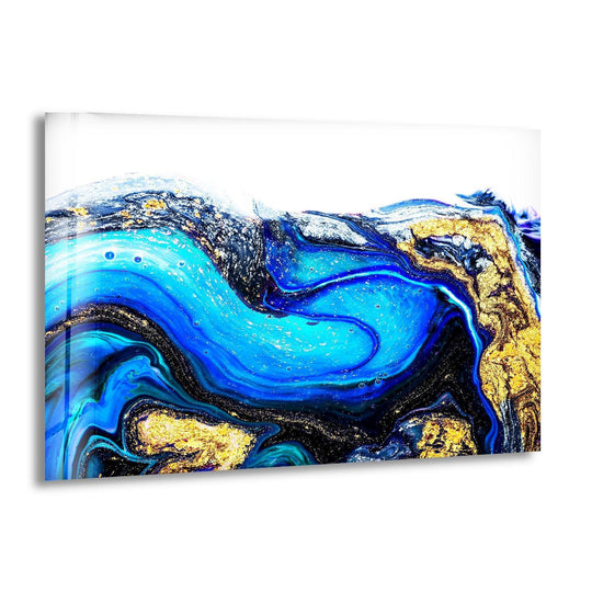 Minimalist hanging wall art showcases a striking blue and gold abstract marble design against ample negative space.