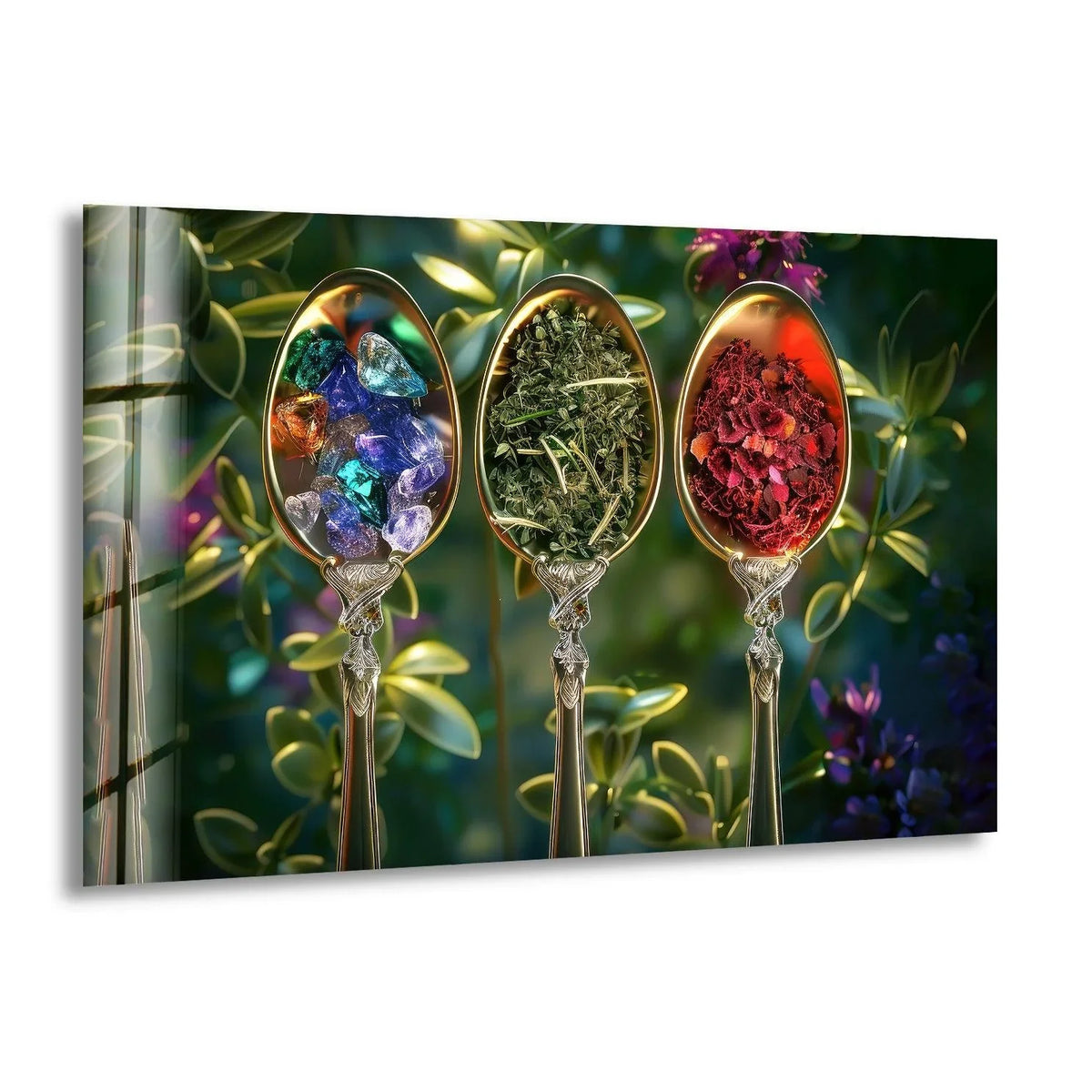 Gentle sunlight graces the colorful spice glass art painting, casting a delicate glow on the jewel-toned crystals and fragrant herbs.