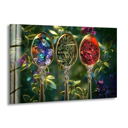 Colorful spice themed glass wall art featuring three spoons filled with vibrant blue, green, and red ingredients in a horizontal composition.