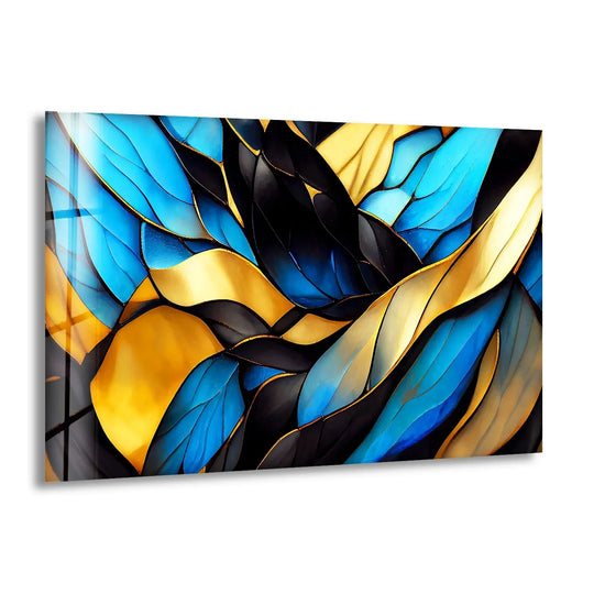 An opulent decorative wall art piece evoking a serene yet vibrant mood with flowing azure, gold, and obsidian abstract waves.