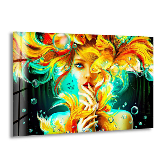 A mystic woman with flowing golden hair and goldfish swim in bubbles, featured on unique modern wall decor.