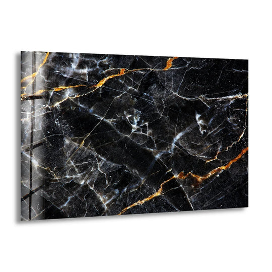 Deep black abstract glass wall art features richly saturated gold veining for unique modern wall decor.