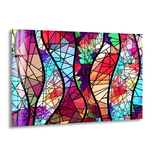 Swirling abstract stained glass wall art flows with vibrant color and energetic movement, a striking piece of home decor.