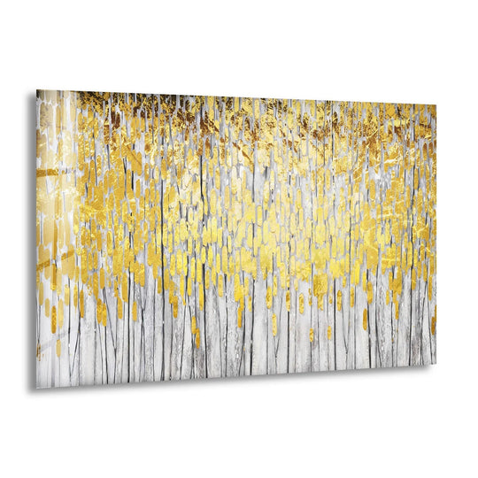 Golden leaves abstract glass wall art, a focal point of radiant gold tones and vertical textured lines.