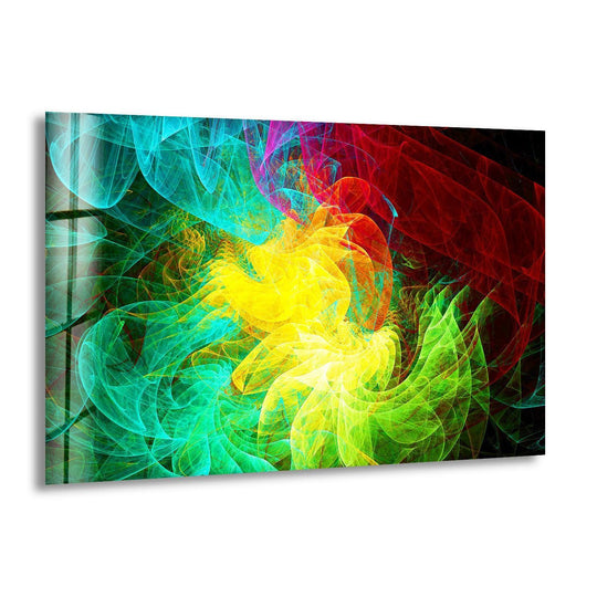 A dark, textured background grounds this glass wall art featuring a vibrant explosion of fractal art in teal, yellow, red, and green hues, perfect for home decor.