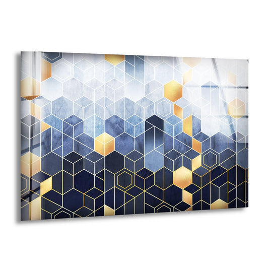 Abstract gold hexagon wall art prints feature a detailed geometric design with navy and azure blue watercolor textures.
