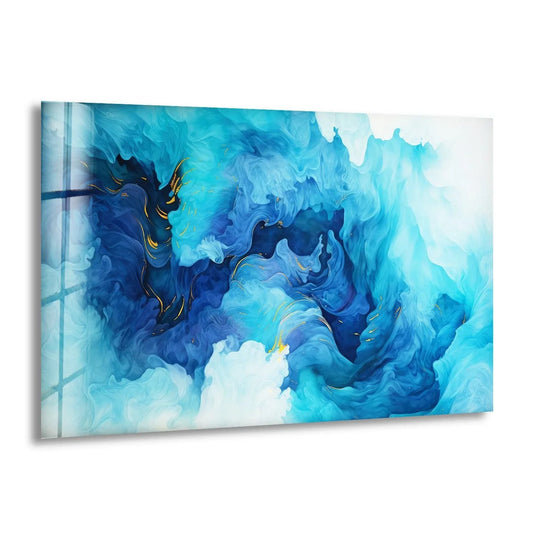 Dominant in azure and sapphire blue, this abstract glass wall art features swirling watercolors and gold accents, a stunning piece of best glass art.