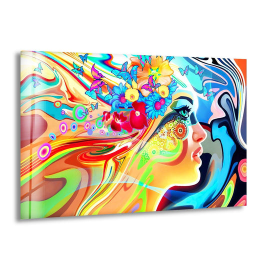 Cool Art with a Woman Face with Butterfly design and colorful accents is premium glass wall art with vibrant creativity for your home
