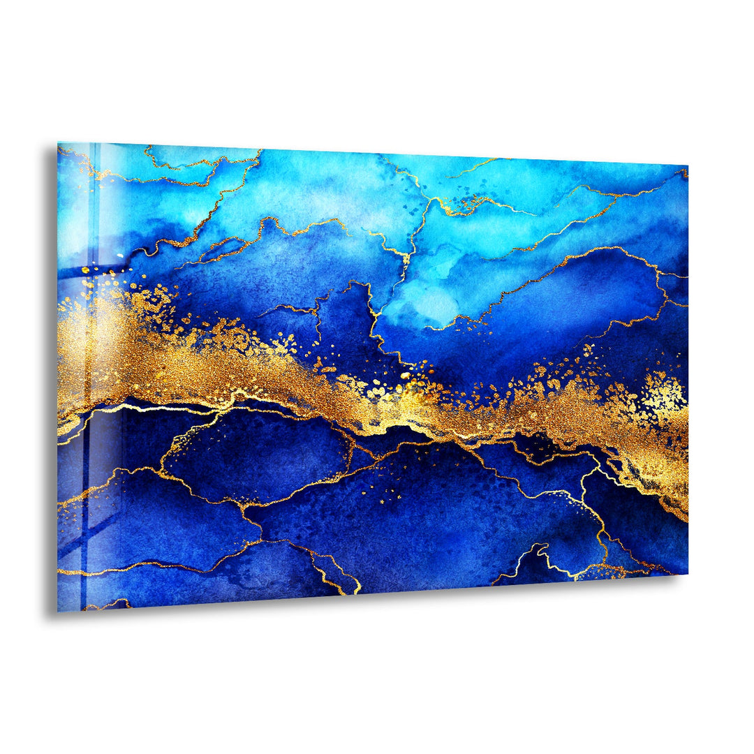 Blue and Golden Abstract Glass Wall Art print picture on glass, Tempered Glass Wall Art
