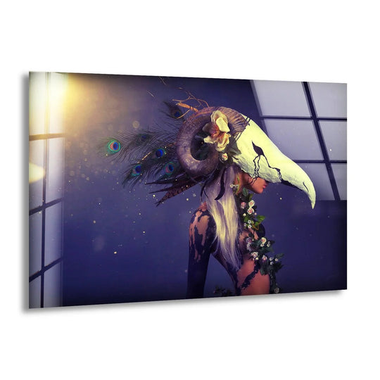 Mystical glass art captures an eerie mood with a figure adorned in a ram skull headdress and peacock feathers.