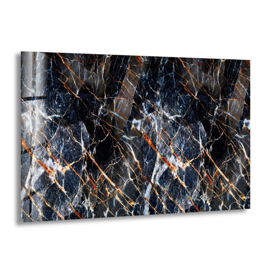 Black abstract marble glass wall art decor showcasing intricate veins of gold and white against a dark background.