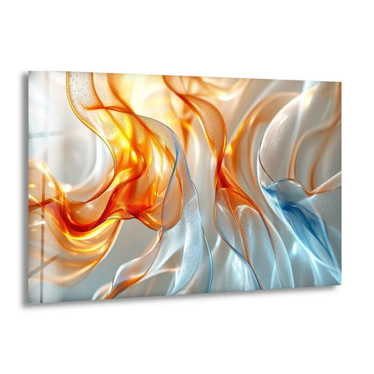 Flowing layers of translucent orange and blue abstract print wall art create a sense of ethereal depth.