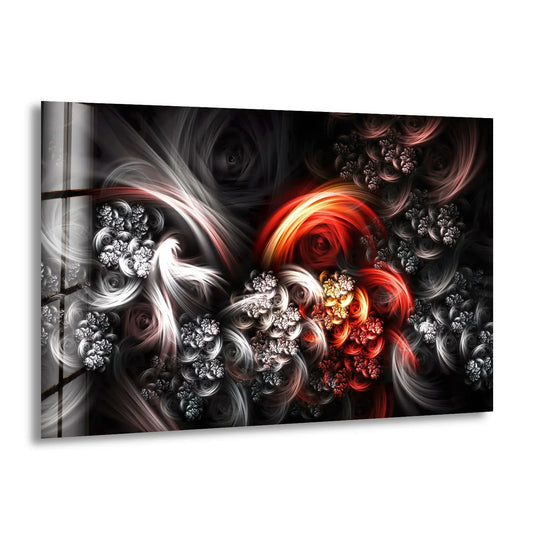 An abstract glass art depicting swirling fractal patterns in fiery red, vibrant orange, and stark white against a dark background.