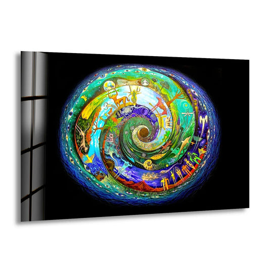 Cosmic spiral glass wall art prints feature a vibrant, mystical universe focal point with symbolic patterns and celestial colors.