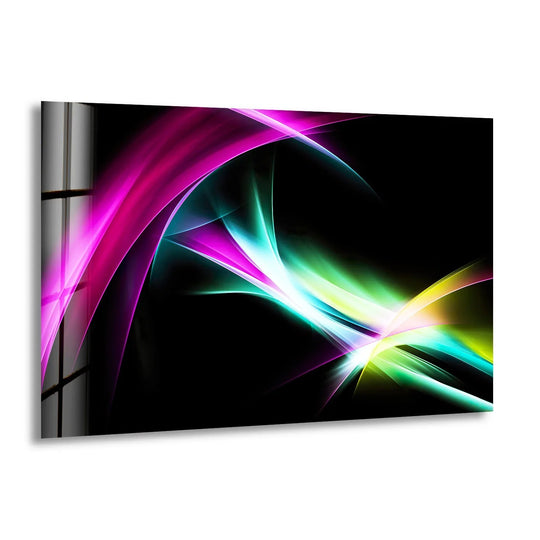 Swirling ribbons of soft magenta and cyan light create a luminous, ethereal glow on this glass wall artwork.
