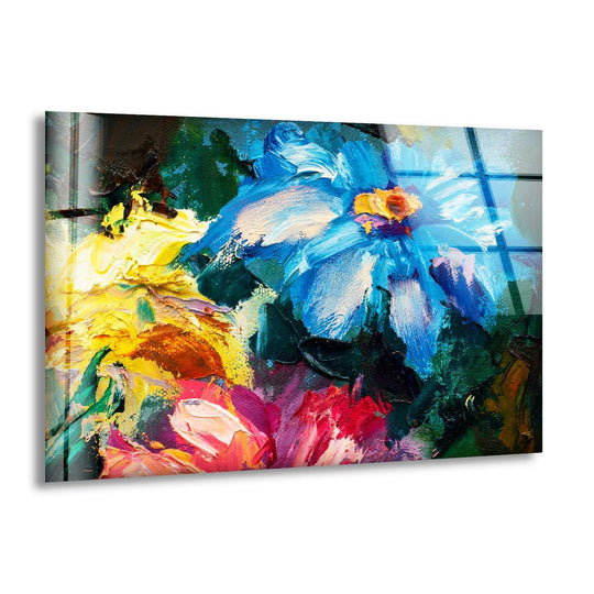 Rich impasto oil painting effect on glass wall art decor showcases layers of vibrant blue, yellow, and red floral textures.