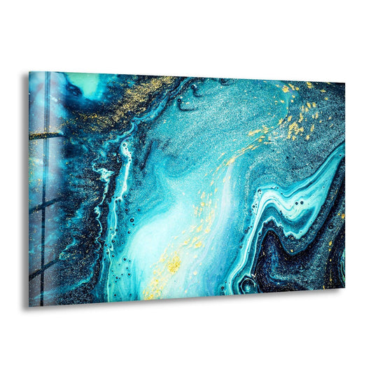 Dark navy and black abstract swirls with gold flecks adorn this striking glass wall artwork.