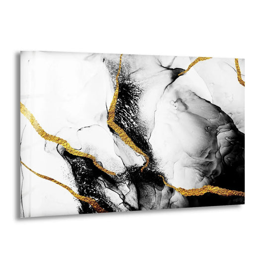 Abstract glass wall artwork with rich transitions between white marble, black ink, and dazzling gold veins.