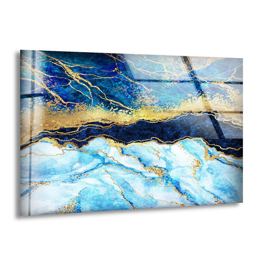 Turquoise marble and gold veins organic forms in this stunning glass wall artwork.