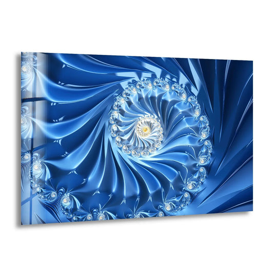 Dark navy depths of a hypnotic blue spiral fractal abstract glass hanging wall art with a mesmerizing glow.