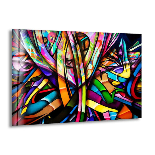 Stained graffiti abstract glass art features a dark background with vibrant, overlapping lines and shapes in myriad colors.