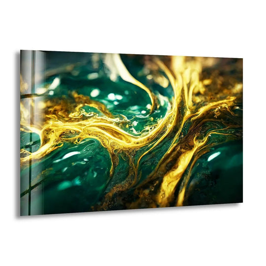Abstract swirls of emerald green and molten gold create a captivating marbling effect on this glass printing.