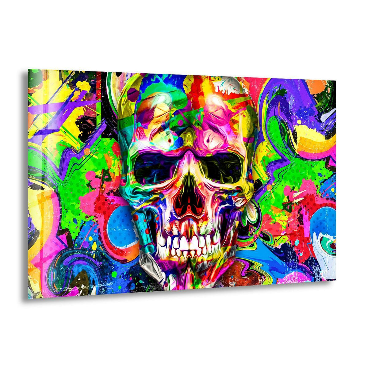 A vibrant abstract background of electric green, purple, and pink splatters frames the central skull in this cool wall art piece.