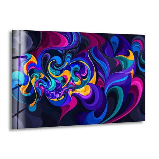 This glass printing showcases vibrant, swirling ink waves against a dark negative space, creating a dynamic abstract composition.