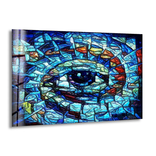 Intense sapphire and azure hues explode in this striking blue eye mosaic glass wall artwork.