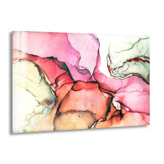 Softest pink and beige hues blend into an ethereal abstract glass printing with delicate golden accents.