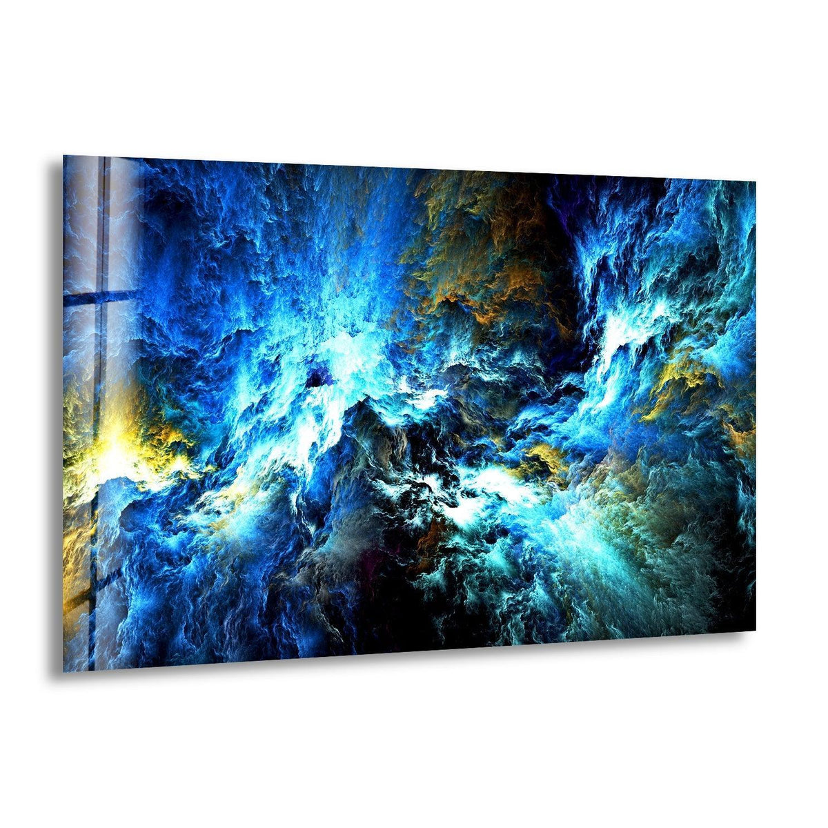 Swirling cosmic blues and fiery oranges dominate this striking abstract glass wall artwork focal point.