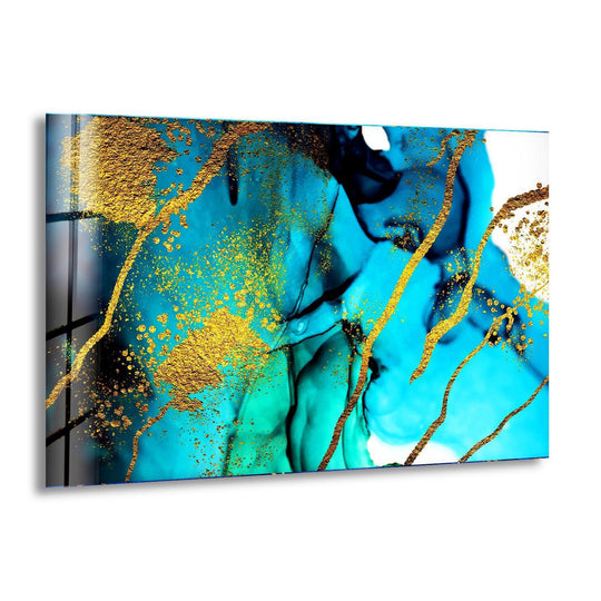 Golden light dances across deep blue and emerald shadows on this abstract glass art.
