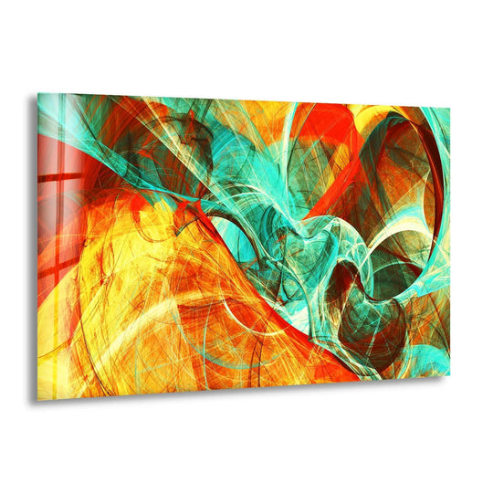 Abstract glass wall artwork swirls with vibrant orange, red, and teal energy.