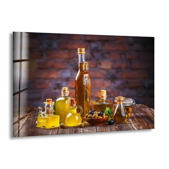 Horizontal glass wall art depicting a rustic kitchen still life with oil bottles and olives against a brick wall perfect for modern wall decor.