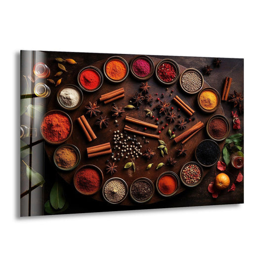Red Spices glass wall art displays a vibrant horizontal arrangement of colorful spice powders and star anise perfect for kitchen decor.