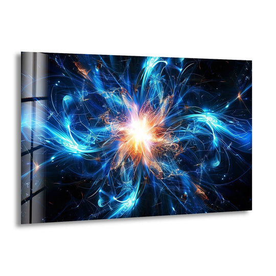 A luminous cosmic explosion in vibrant blues and oranges reveals intricate, layered depths on this hanging wall art.