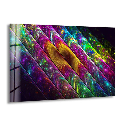 Swirling organic forms in fractal patterns create a vibrant glass wall art piece, a stunning addition to home decor.