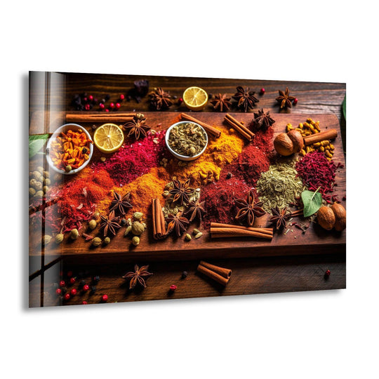 Horizontal glass wall art displaying a vibrant arrangement of colorful spices like paprika and cinnamon perfect for kitchen decor.