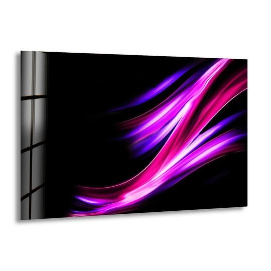 Neon purple and pink wavy fractal patterns dominate this abstract glass wall art.