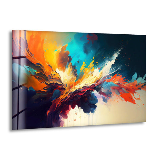 Explosion of Color glass wall art decor featuring a dark, expansive background with subtle hints of sky and light.