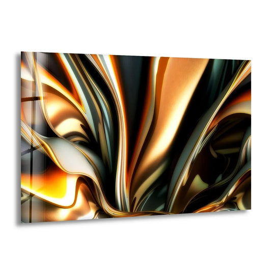 Smooth, fluid metallic waves with a polished, reflective surface texture in this abstract glass art.